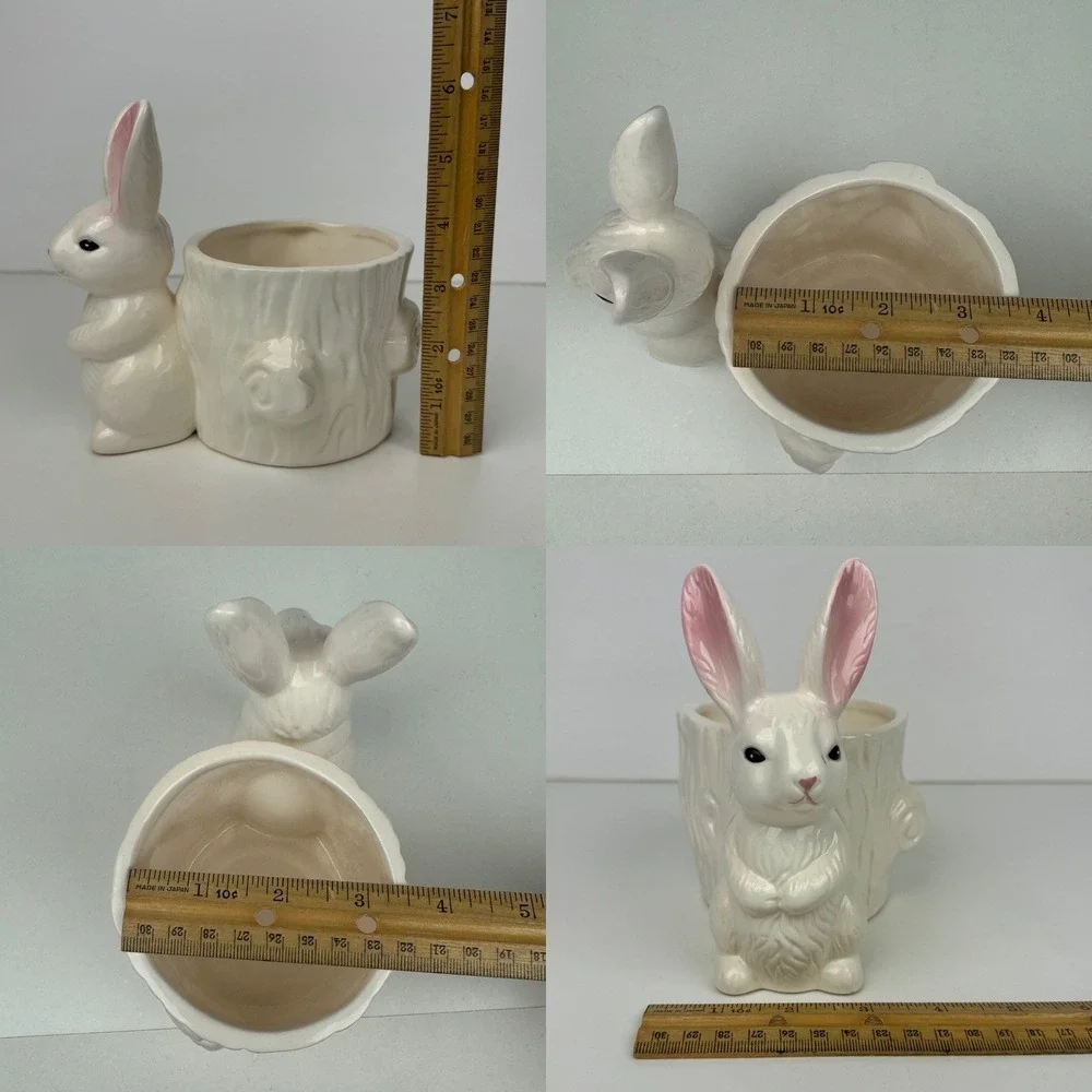 Vtg White Ceramic Porcelain Bunny Rabbit‎ Planter Tree Design Tabletop Glazed